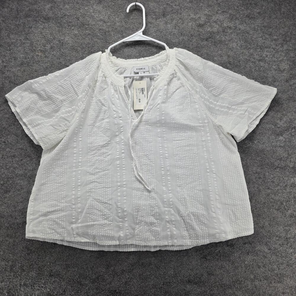 EVEREVE Blouse Womens L White Round Neck Ruffle Lined Lightweight 100% Cotton